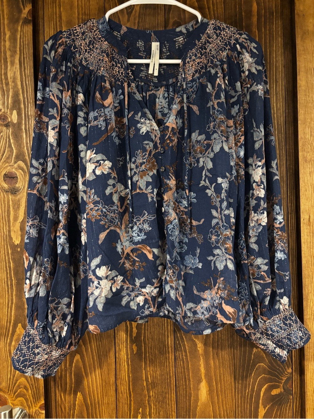 By Anthropologie Long-Sleeve Smocked Jacquard Top Medium Puff Sleeve - Picture 4 of 11